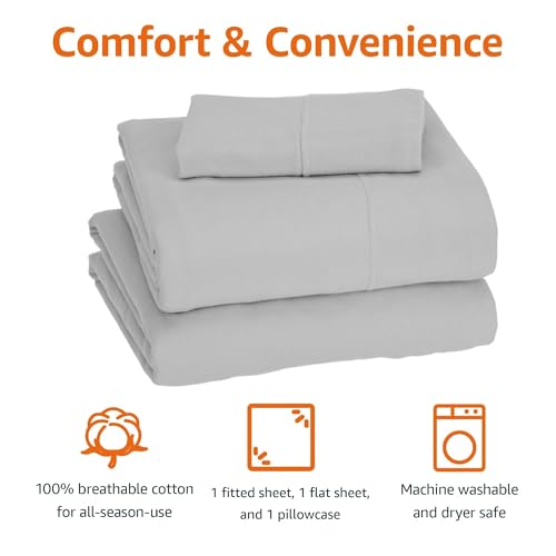 Image of Amazon Basics 3 Piece Bed Sheets Set, 100% Cotton Jersey, Includes Super Soft, Flat and Fitted Sheets, Pillowcase, Toddler, Light Gray, Solid