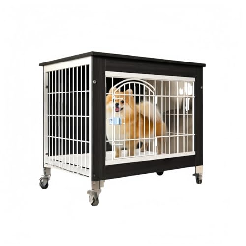 samchu木製室内ケージ/ドッグボックス装飾サイドテーブル兼用モデル小型中型犬用可動トレイ現代的多機能です (ブラック +ホワイト,60*47*68cm)