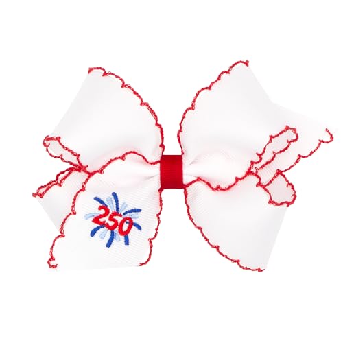 Wee Ones Girls’ Americana “250” Embroidered Moonstitch Edge Hair Bow, on WeeStay No-Slip Clip, Medium