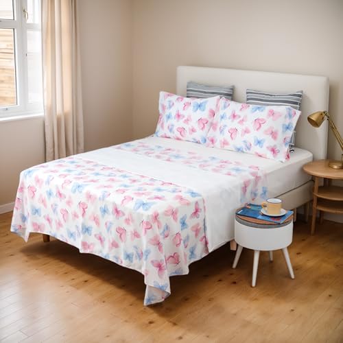 H HANSEL HOME Juego de Sábanas de Microfibra 4 Piezas para Cama 180cm Transpirable - Incluye 1 Encimera, 1 Bajera Ajustable y 2 Fundas de Almohada - Mariposa
