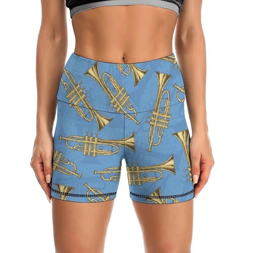Golden Trombones of Music Notes Pattern High Waist Yoga Shorts for Women Athletic Shorts Leggings Running Pants