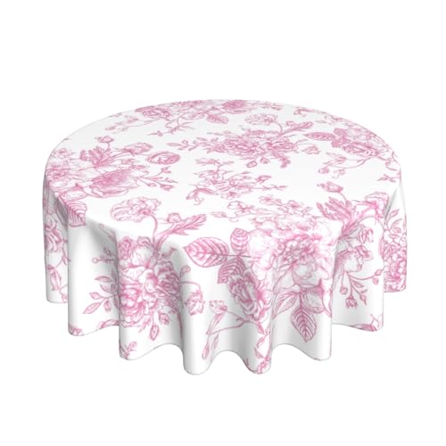 GOLIANDA Pink Floral Tablecloth 60 Inch Round Vintage Chinoiserie Flower Table Cloth Spring Decorative Polyester Stain Resistance Round Table Cover for Party Picnic Kitchen Decoration Outdoor Indoor