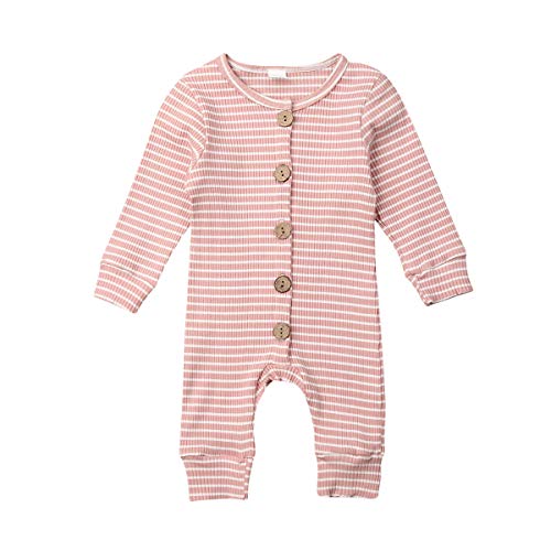 Luckinbaby Baby Unisex Romper Jumpsuit, Basic Plain Rib Stitch Stripe Long Sleeve Bodysuit Clothes For Infant Boy Girl (Pink Striped Romper, 0-3 Months) #TOP8