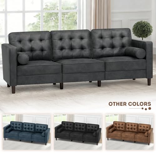 Image of 84 Inches Suede Leather Couch with Bolster Pillows, Grey | Comfy 3 Seater Sofa with Tufted Back Cushions, Modern Couch with Sturdy Legs for Living Room, Office, Bedroom
