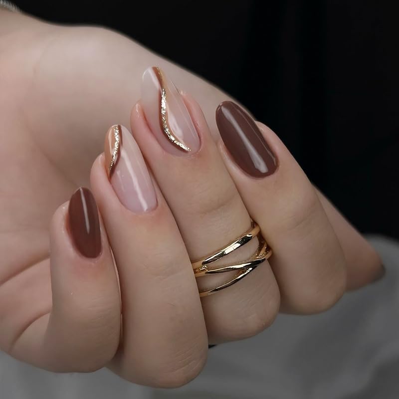 Brown Press on Nails Short Almond Fake Nails Fall Nails Press ons with Swirl Lines Design Reusable Artificial Nail Full Cover Glossy Glue on Nail