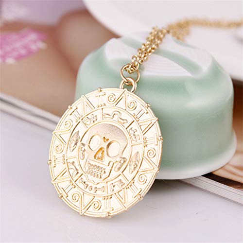 Round Gold Coin Skull Necklace Pendant Dress Accessory Movie Pirates of The Caribbean Medal Necklace Retro Jewelry (Gold4