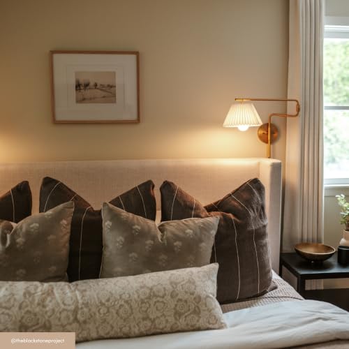 Image of Nathan James Kai Modern Wall Mounted Plugin Bedside Reading Lamp with Pleated Shade, Vintaged Brass Finish, Set of 2