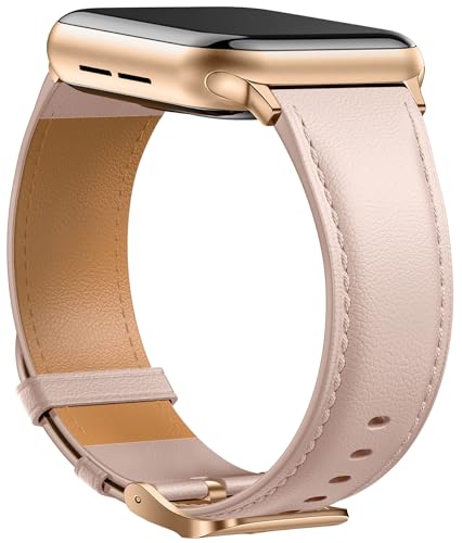Laffav Lederarmband Kompatibel mit Apple Watch Armband 40mm 41mm 38mm Damen Herren, Echtes Leder Klassisches Ersatzarmband für Apple Watch iWatch Series 8 7 6 5 4 3 2 1 SE,Rosa