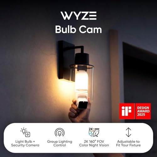 Wyze Bulb Cam Security Camera 2K HD Outdoor Light Bulb Camera with Color Night Vision, Dimmable LED Bulb, Motion Detection, Siren Alarm, Compatibility with Alexa/Google Assistant, Free Expert Support