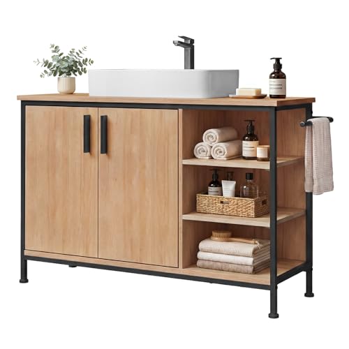 EUGAD Waschbeckenunterschrank Badezimmerschrank mit Schubladen 3 offenen Fächern Unterschrank mit verstellbaren Ablagen freistehender Waschtischunterschrank 90x60x30 cm (2 Türen)