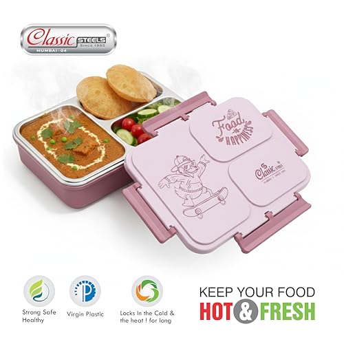 Image of Classic Steels Insulated 3-Compartment Stainless Steel Lunch Box for Kids & Adults | Leak-Proof Bento Box with Silicone Seal | BPA-Free & Food Grade, Pink