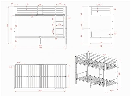 Miniatura 2 de Fetines Literas Para Niños, Juveniles Y Adultos, Estructura Metálica Con Escalera Y Barandillas, Convertibles En Camas Gemelas, 90x200