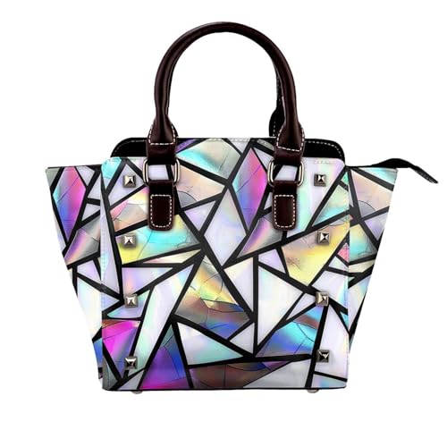 Leather Shoulder Bag for Women, Stained Glass Studded Purse Rainbow Crossbody Handbags Punk Hobo Bag with Adjustable Strap
