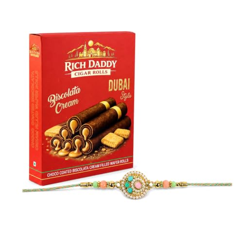 Image of Oblivion Rakhi with Chocolate for Brother - Round Shape Rakhi with Biscolata Filled Cream Cigar Rolls, Silver Color Coin, Greeting Card & Tilak Set - Traditional Raksha Bandhan Combo (K1 1109+CG-C)