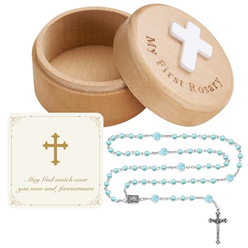 Image of NORBU Baptism Gifts for Girl, My First Rosary with Ceramic Keepsake Box, Rosary for Kids, First Communion & Baby Dedication Gifts for Newborn Baby Boys Catholic Christening Gift