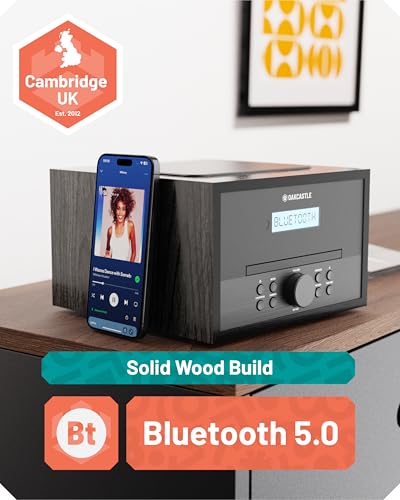 Image of Home Stereo System with CD Player Bluetooth & Radio | 40W FM Radio, Solid Wood Build, and 30 Presets | Multi Format Support, CD Player for Home, Compact Music System | Oakcastle Hifi400
