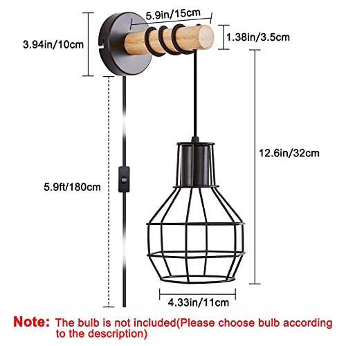 Image of Industrial Wall Sconces with Plug in Cord, Farmhouse Lamps with Switch Vintage Classy E26 Edison Metal Mounted Lights Fixture Wood for Bedroom,Living Room,Hallway