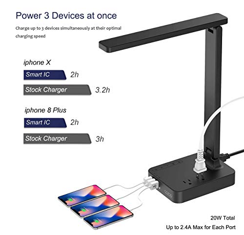 COZOO LED Desk Lamp with 3 USB Charging Ports and 2 AC Outlets,3 Color Temperatures & 3 Brightness Levels, Touch/Memory/Timer Function,10W Eye Protection Foldable Reading Light,Black - Thumbnail 6