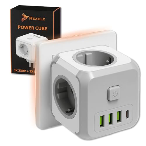 Reagle Multiprise cube sans câble, 3 prises avec cube USB-A et USB-C, 2500 W, adaptateur de prise cube avec interrupteur, multiprise Powercube pour bureau,...