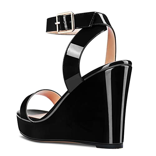 Image of Aachcol Women Platform Wedge Sandals Round Peep Open Toe Ankle Strap Slingback Two-Piece Chunky Block High Heel Dress Shoes Pumps Party Patent 4 Inch