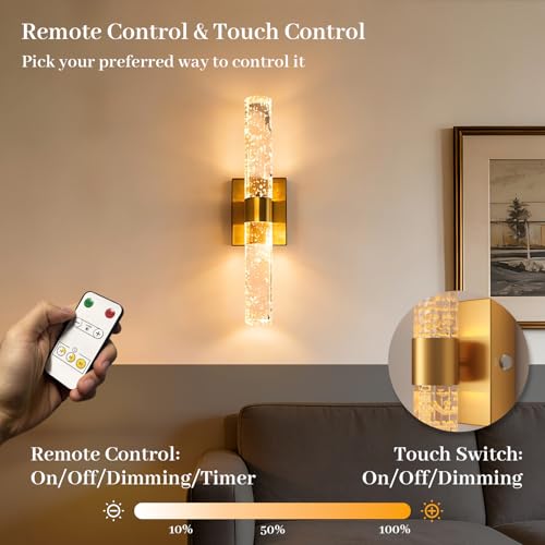 Image of LED Crystal Battery Operated Wall Sconce Set of 2, Gold Rechargeable Battery Powered Wall Lights with Remote, 3 Color Dimmable Wall Lamp for Living Room Bathroom Hallway