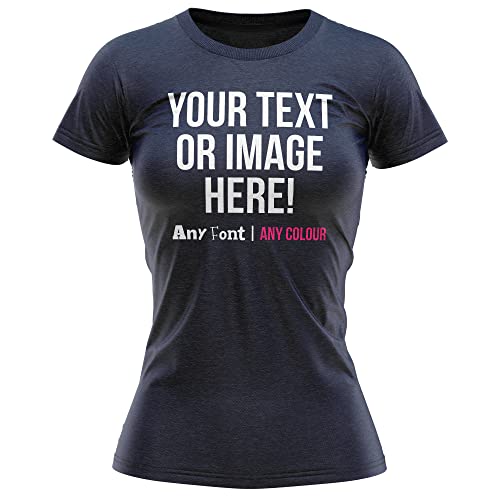 Personalised Text and Image Womens T Shirt Ladies Fit Any Colour or Font Top Tee Hen Do, M, Navy