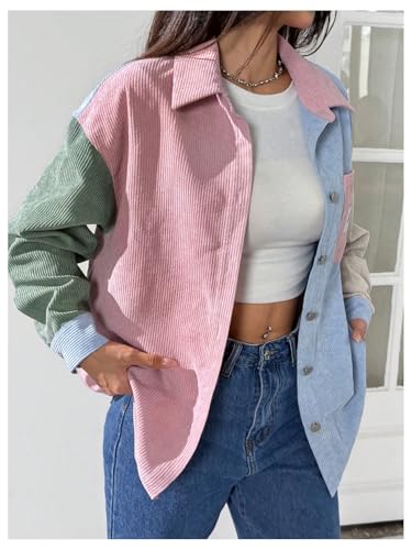 Verdusa Women's Color Block Jacket Coat Streetwear Button Down Collared Outerwear with Pockets3
