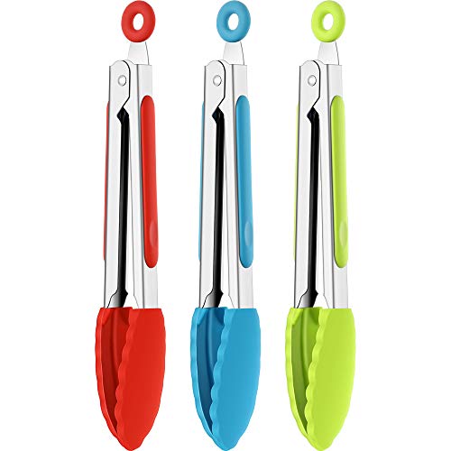 7 Inch Silicone Tongs Mini Kitchen Tongs with Silicone Tips Small Serving Tongs Stainless Steel Cooking Tongs for Salad, Grilling, Frying and Cooking (Red, Green, Blue,3 Pieces)