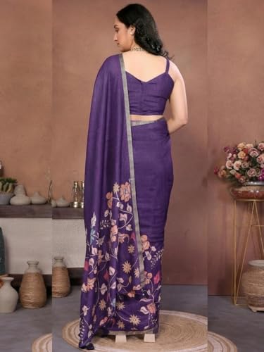 Image of SAMANTHA Black Floral Print Ready to Wear Linen Saree with Pocket & Adjustable Belt