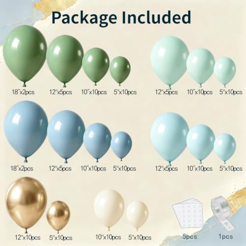 Image of Baby Shower Sage Green Dusty Blue and White Balloon Garland Kit 144 Pcs