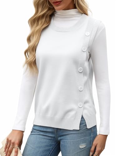 Image of Tanou 2024 Women's Crewneck Sweater Vests Sleeveless Casual Slit Pullovers Solid Ribbed Knitwear Button Tops