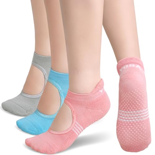 PUTUO Calcetines de Yoga Antideslizantes para Mujer: Calcetin Pilates para Mujeres para Yoga Danza Deporte Ballet Tamaño 37-42 Rosa Gris Azul 3 pares