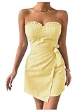 Floerns Women's Striped Frill Trim Tube Dress Strapless Wrap Front Belt Mini Dress Yellow Large