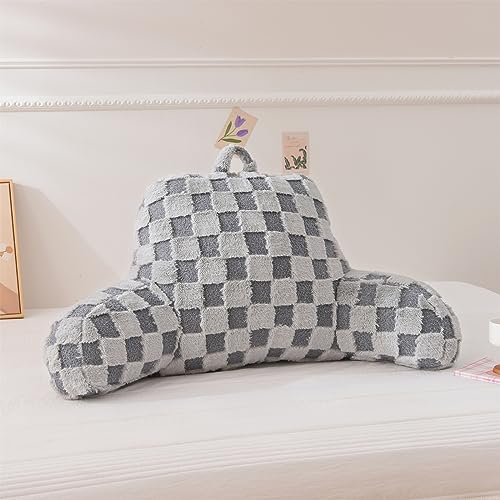 Image of Aimuan Reading Pillow Checkered Bed Rest Wedge Backrest Checkerboard Pillow with Arms Back Support for Sitting Up in Bed Cushion Incline Rest Sleeping Snoring Pillow (Grey,Large)