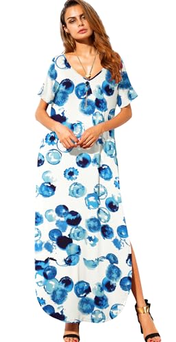 Image of GRECERELLE Women's Summer Maxi Dress Casual Loose V Neck Short Sleeve Side Split Long Dresses with Functional Pockets