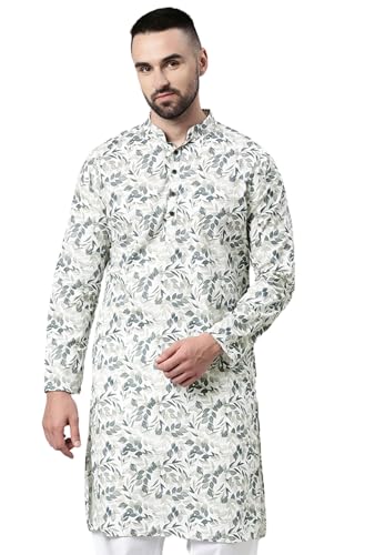 Image of Majestic Man Men's Cotton Regular Fit Casual Mandarin Collar Ethnic Motifs Printed Long Regular Kurta