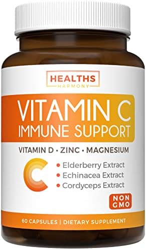 Immune Support - Vitamin C with Zinc, Vitamin D, Elderberry & Echinacea (Non-GMO) Immune System Booster Supplement - VIT C 500mg - 60 Vegetarian Capsules (No Pills, Tablets, or Gummies)