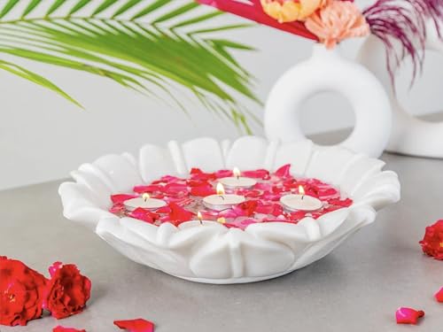 Image of Marble Urli Bowl for Decoration | Big Potpourri Decorative Bowls in Home decor | Large White Floating Flower Plates of Stone | Small Shape puja Item | (10 inch, Lotus Crest)