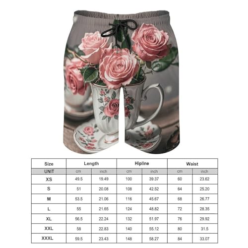 Mens Shorts Tea Cups with Roses Romantic Shabby Men Swim Trunks Quick-Dry Beach Shorts with Drawstring Pocket Bathing Suit XL2