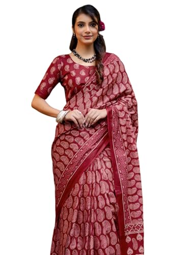Image of SIRIL Women's Printed Mul Cotton Saree with Unstitched Blouse Piece