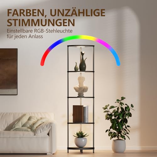 YooShine Stehlampe mit Regal Dimmbar 2700K-6500K stehlampe wohnzimmer 4 Farbtemperaturen 6 Farben Standleuchte mit 4 Holzregal und Fernbedienung für Schlafzimmer Ecke Wohnzimmer Büro