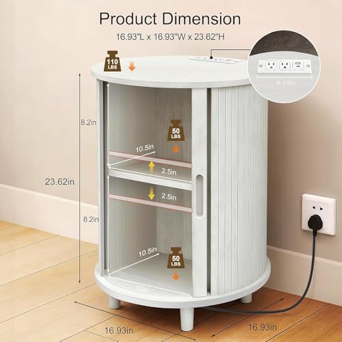 Image of DHH Round End Table with Storage & Charging Station, Fluted Accent Side Table with Sliding Door & Adjustable Shelf, Mid-Century Nightstand for Small Spaces, Living Room, Bedroom(Grayish White)
