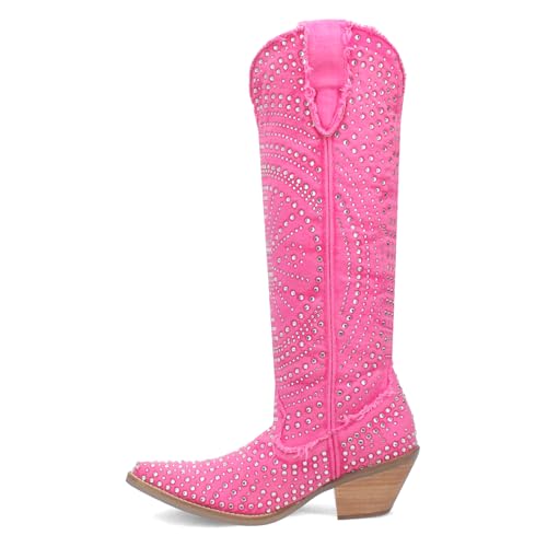 Dingo Womens Honkytonk Honey Rhinestone Snip Toe Pull On Casual Boots Knee High Mid Heel 2-3" - Pink3