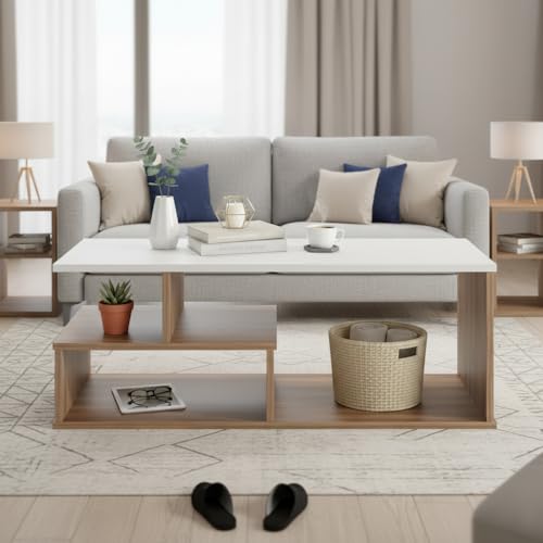 Image of FURNEASER Witely Coffee Table Modern Centre Table with Storage Shelves, Teapoy, Centerpeice Tea & Coffee Table for Living Room, Engineered Wood, Matte Finish (Exotic Teak & White)