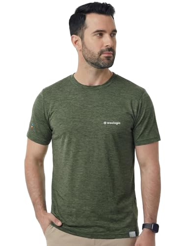 WooLogic 100% Merino Wool Lightweight T Shirt for Men Cooling Moisture Wicking Breathable Base Layer Hiking Travel(Moss Green Heather L)
