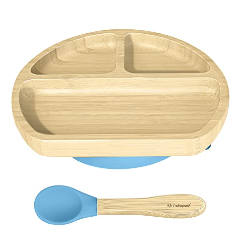 Image of Abiie Octopod Bamboo Dish - Kids Plates for 4 months and up, 3-Compartment Baby Plates with Suction, Triangle Bamboo Baby Plate, Mess-Free Toddler Suction Plates, Baby Feeding Supplies, 8.3x1.9x7.7 in