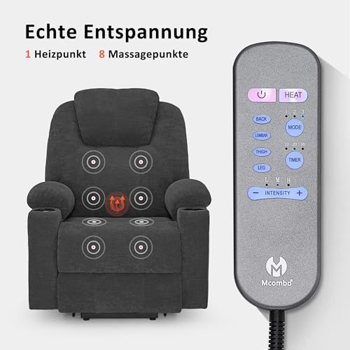 M MCombo Fernsehsessel mit Aufstehhilfe Elektrisch, Relaxsessel mit Liegefunktion bis 140°, Sessel mit Aufstehhilfe, mit Massage & Heizung, Knopf & Fernbedienung Verstellbar, 7040 (Chenille, Grau) – Bild 6