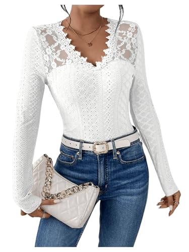 SOLY HUX Women's Lace Trim Tee Shirt Long Sleeve Eyelet Tops Casual V Neck Slim Fit Shirts Fall Outfit Clothes