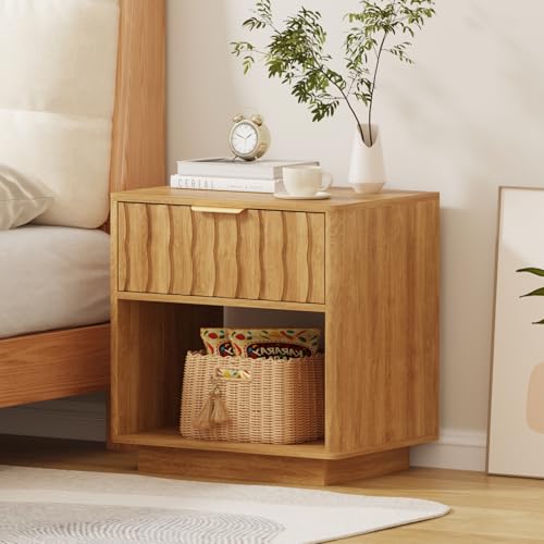 LMSXG-MZ Nightstand with Drawer, Wooden Bedside Table with Storage, Minimalist Bedroom Nightstand, Natural End Table for Bedroom (1 Pcs)