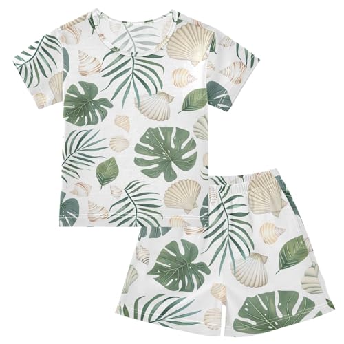 ALAZA Seashell Palm Leaves Watercolor Pajamas Short Sleeve 2 Piece Sleepwear Top and Bottom Pajama Set Unisex
